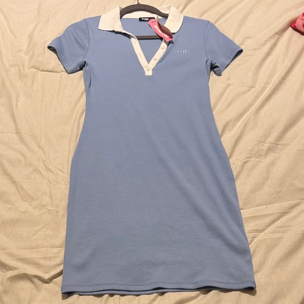 Blue Cotton Ribbed Polo Mini Dress M - Picture 5 of 6